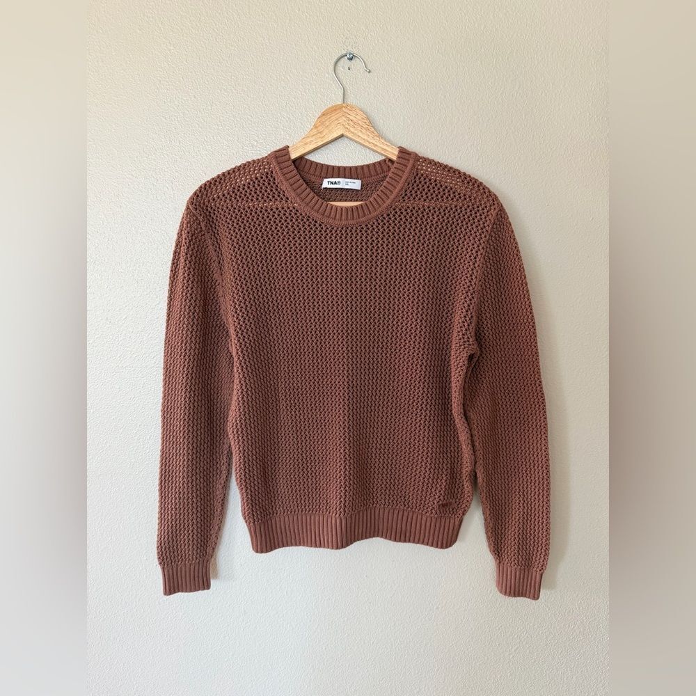 TNA Aritzia Alameda Women's Classy Brown Open Knit Crew Neck Sweater Size XS